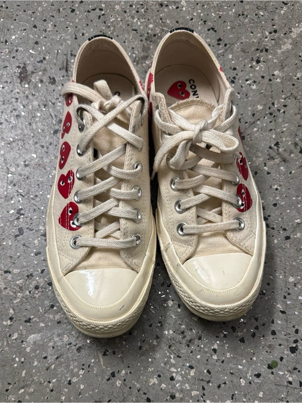 Converse Cream Canvas Low-Top Sneakers with Red Heart Motifs